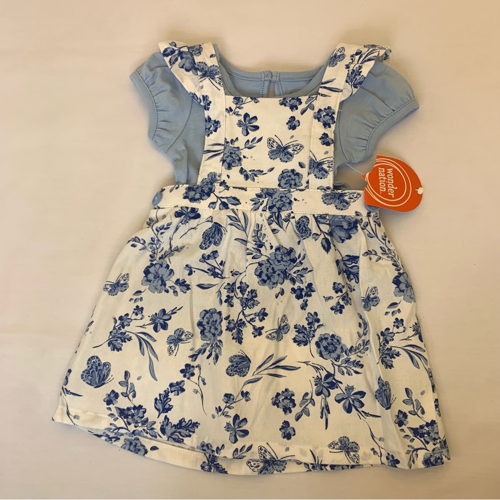 Blue floral Baby girls 0-3 months 3pc pinafore skirt, top with diaper cover.